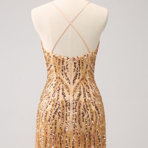 Sparkly Hot Pink Tight Sequins V Neck Mini Dress with Fringes - Image 9