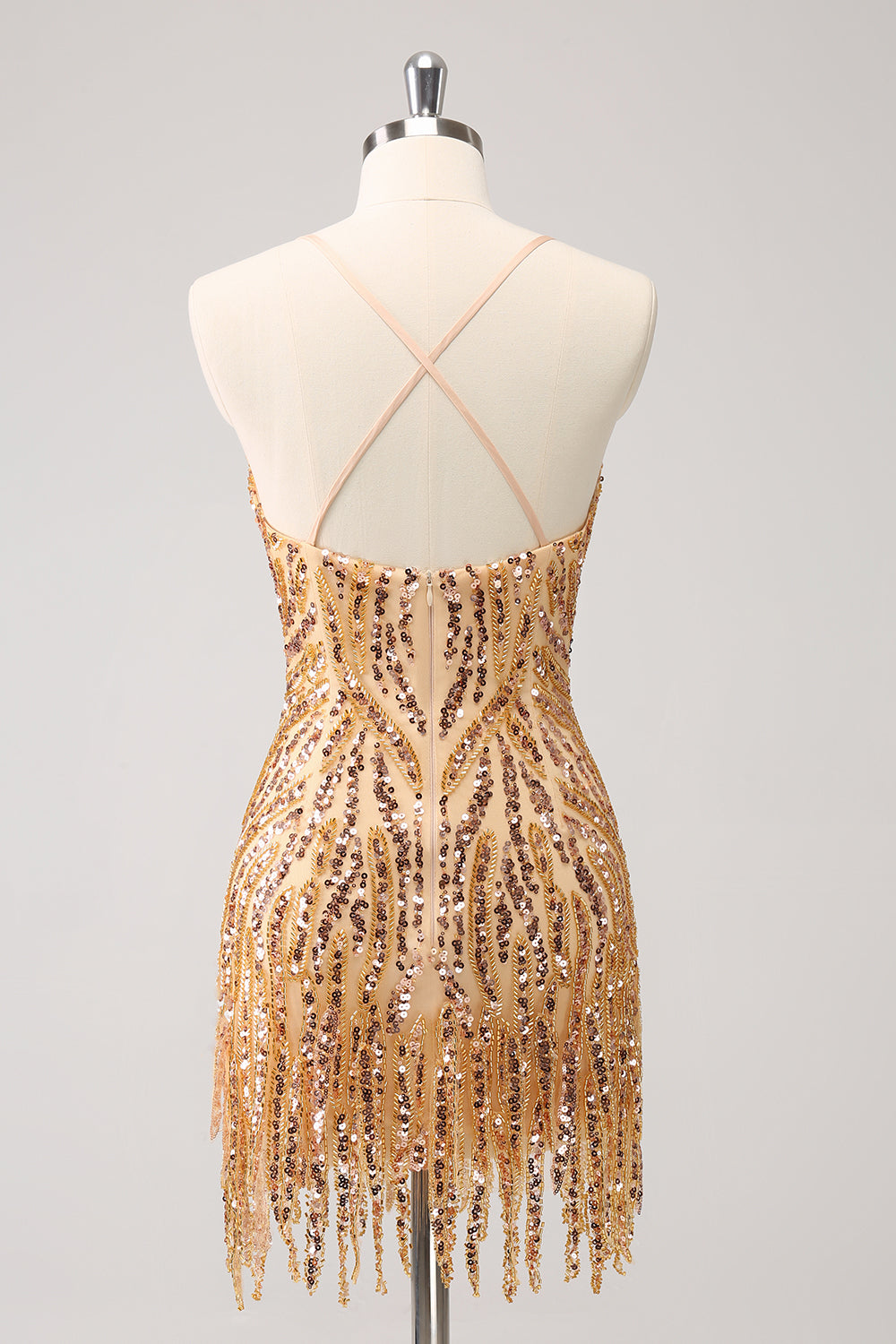 Sparkly Hot Pink Tight Sequins V Neck Mini Dress with Fringes - Image 9