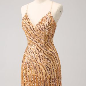 Sparkly Hot Pink Tight Sequins V Neck Mini Dress with Fringes - Image 10
