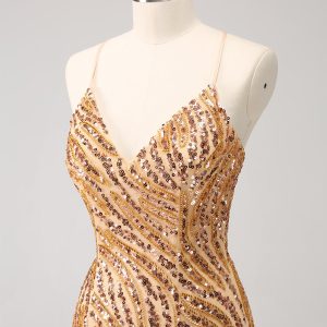 Sparkly Hot Pink Tight Sequins V Neck Mini Dress with Fringes - Image 13