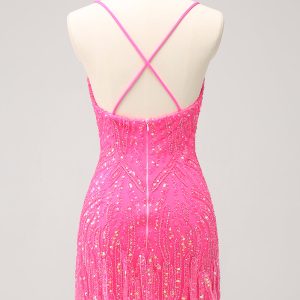 Sparkly Hot Pink Tight Sequins V Neck Mini Dress with Fringes - Image 2