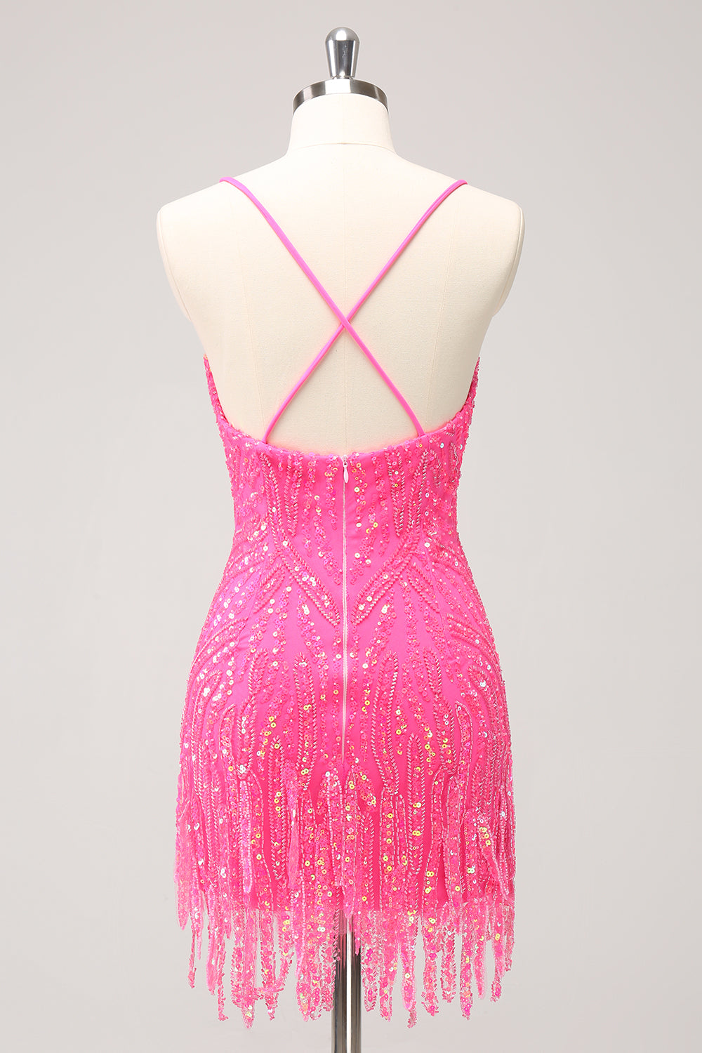 Sparkly Hot Pink Tight Sequins V Neck Mini Dress with Fringes - Image 2