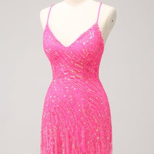 Sparkly Hot Pink Tight Sequins V Neck Mini Dress with Fringes - Image 4