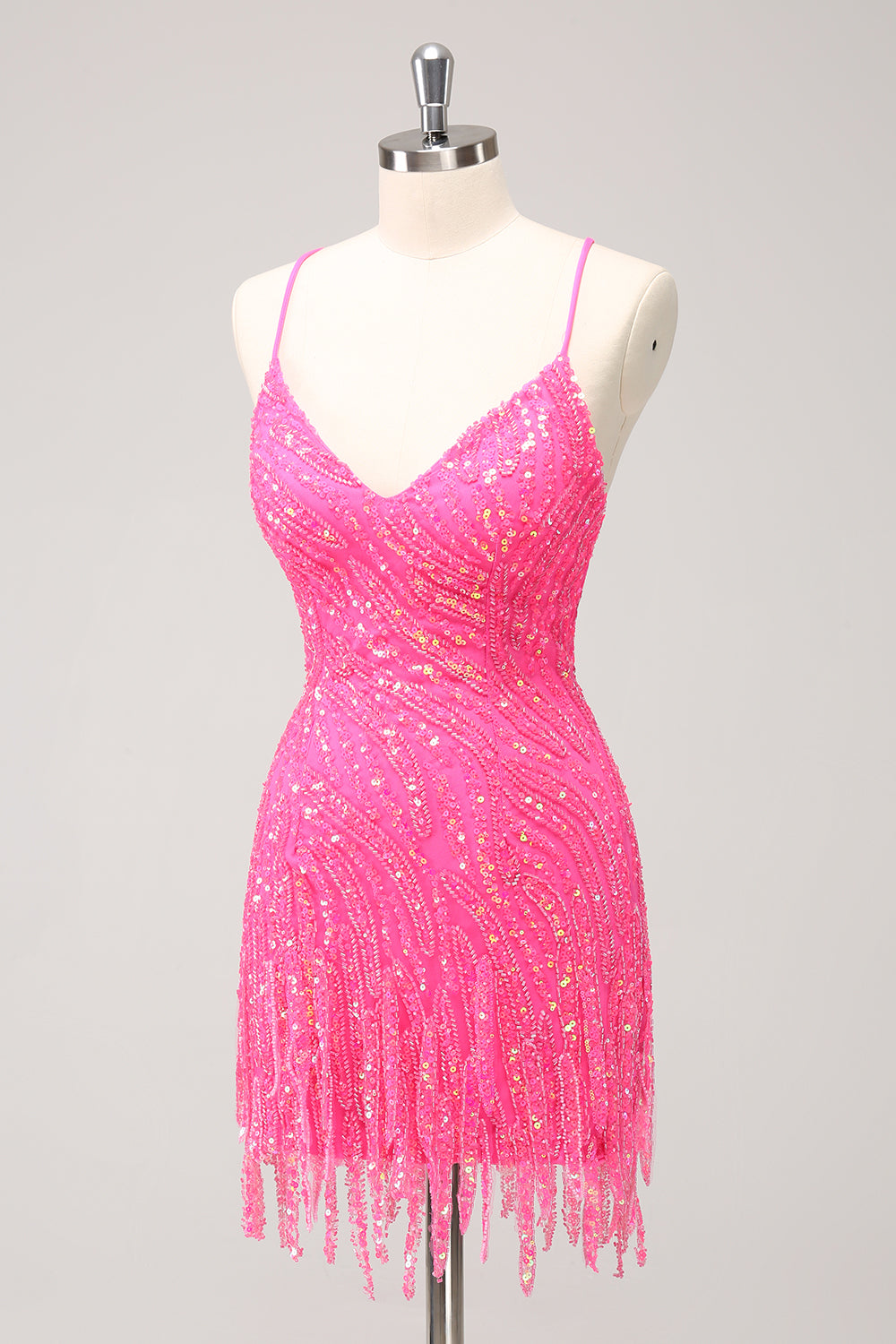 Sparkly Hot Pink Tight Sequins V Neck Mini Dress with Fringes - Image 4