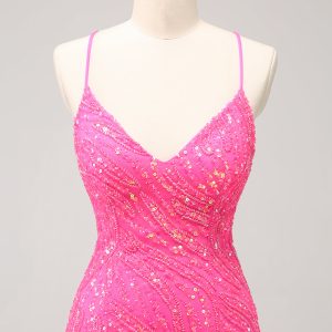 Sparkly Hot Pink Tight Sequins V Neck Mini Dress with Fringes - Image 5