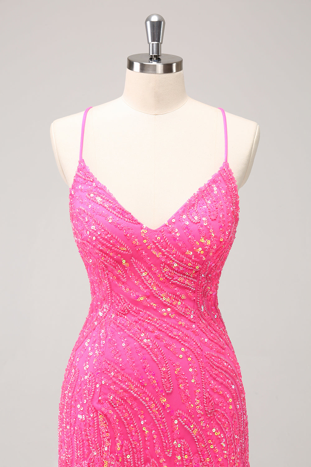 Sparkly Hot Pink Tight Sequins V Neck Mini Dress with Fringes - Image 5