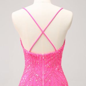 Sparkly Hot Pink Tight Sequins V Neck Mini Dress with Fringes - Image 6
