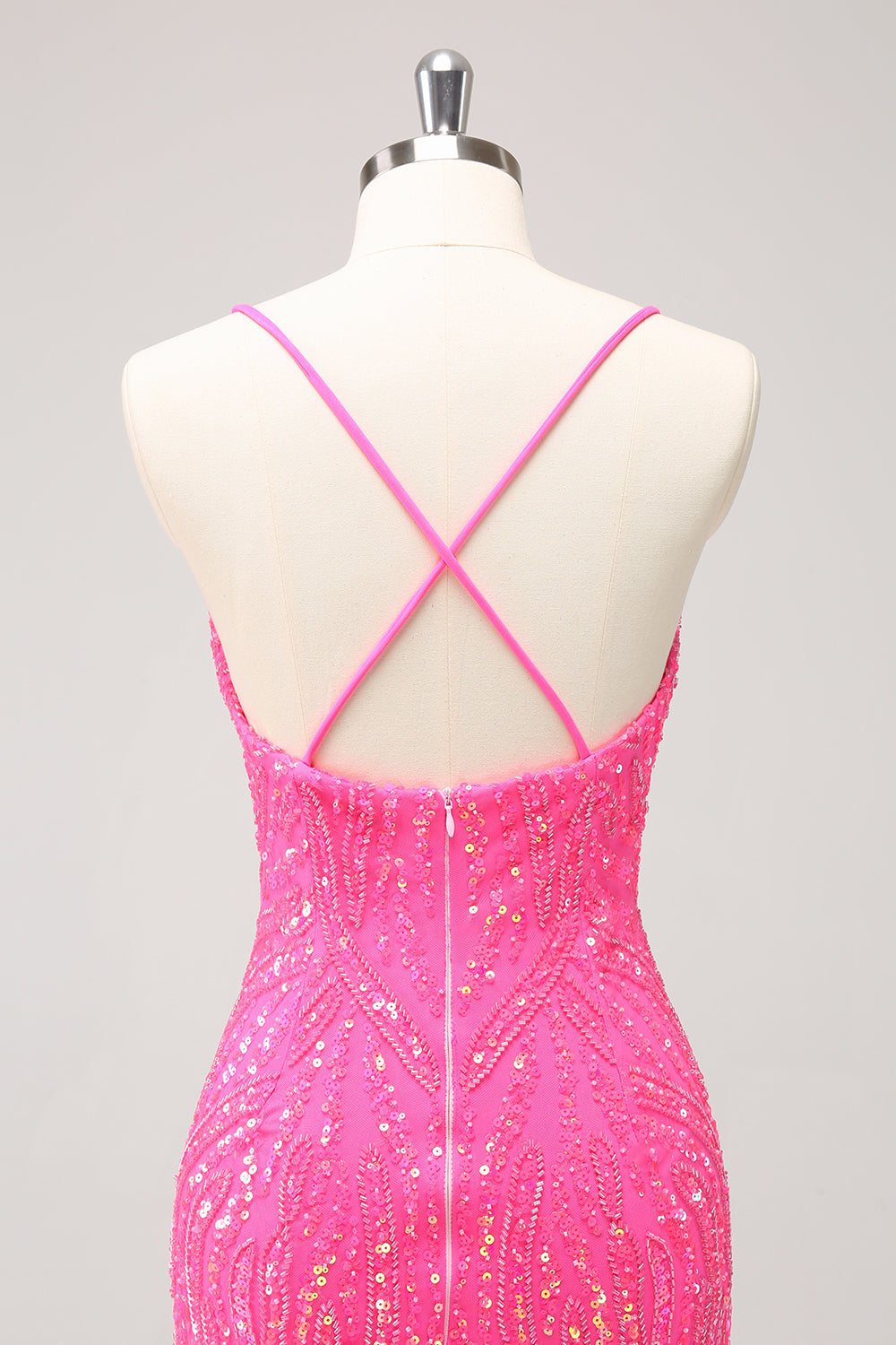 Sparkly Hot Pink Tight Sequins V Neck Mini Dress with Fringes - Image 6