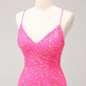 Sparkly Hot Pink Tight Sequins V Neck Mini Dress with Fringes - Image 7