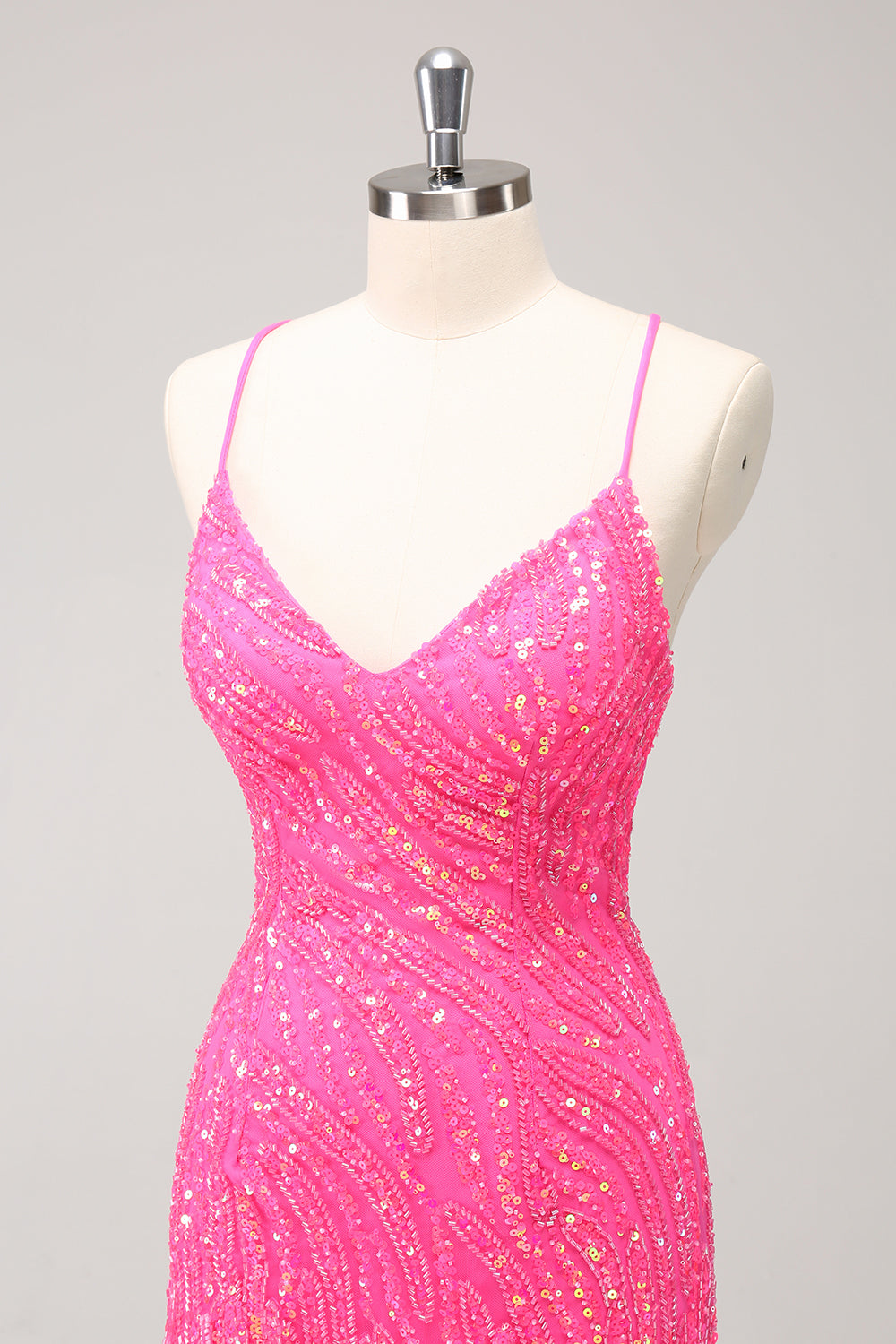 Sparkly Hot Pink Tight Sequins V Neck Mini Dress with Fringes - Image 7