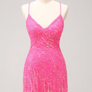 Sparkly Hot Pink Tight Sequins V Neck Mini Dress with Fringes - Image 1