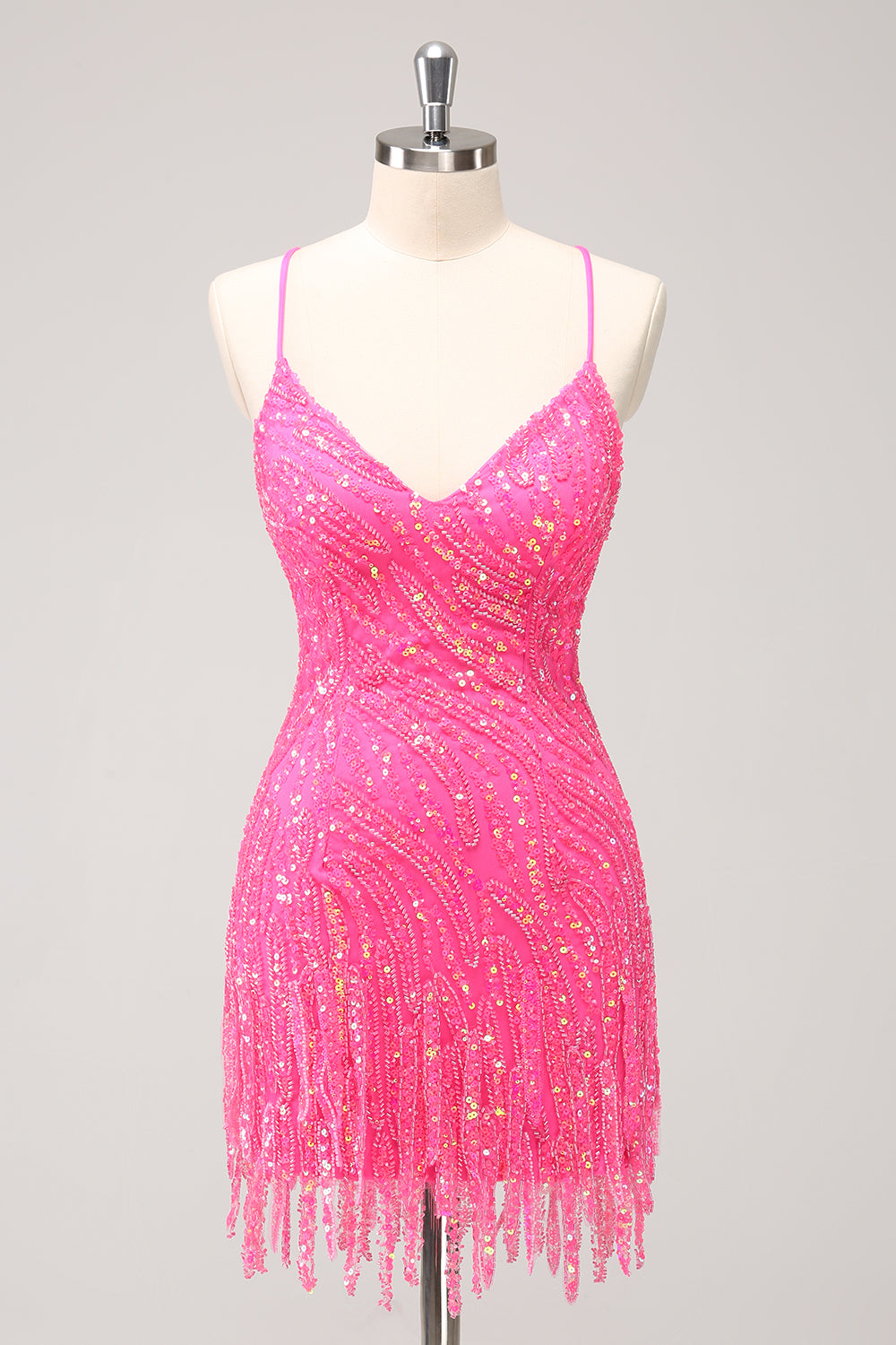 Sparkly Hot Pink Tight Sequins V Neck Mini Dress with Fringes - Image 1