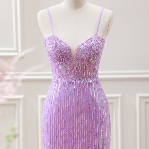 Sparkly Lilac Sequins Beaded Bodycon Mini Dress with Appliques - Image 1