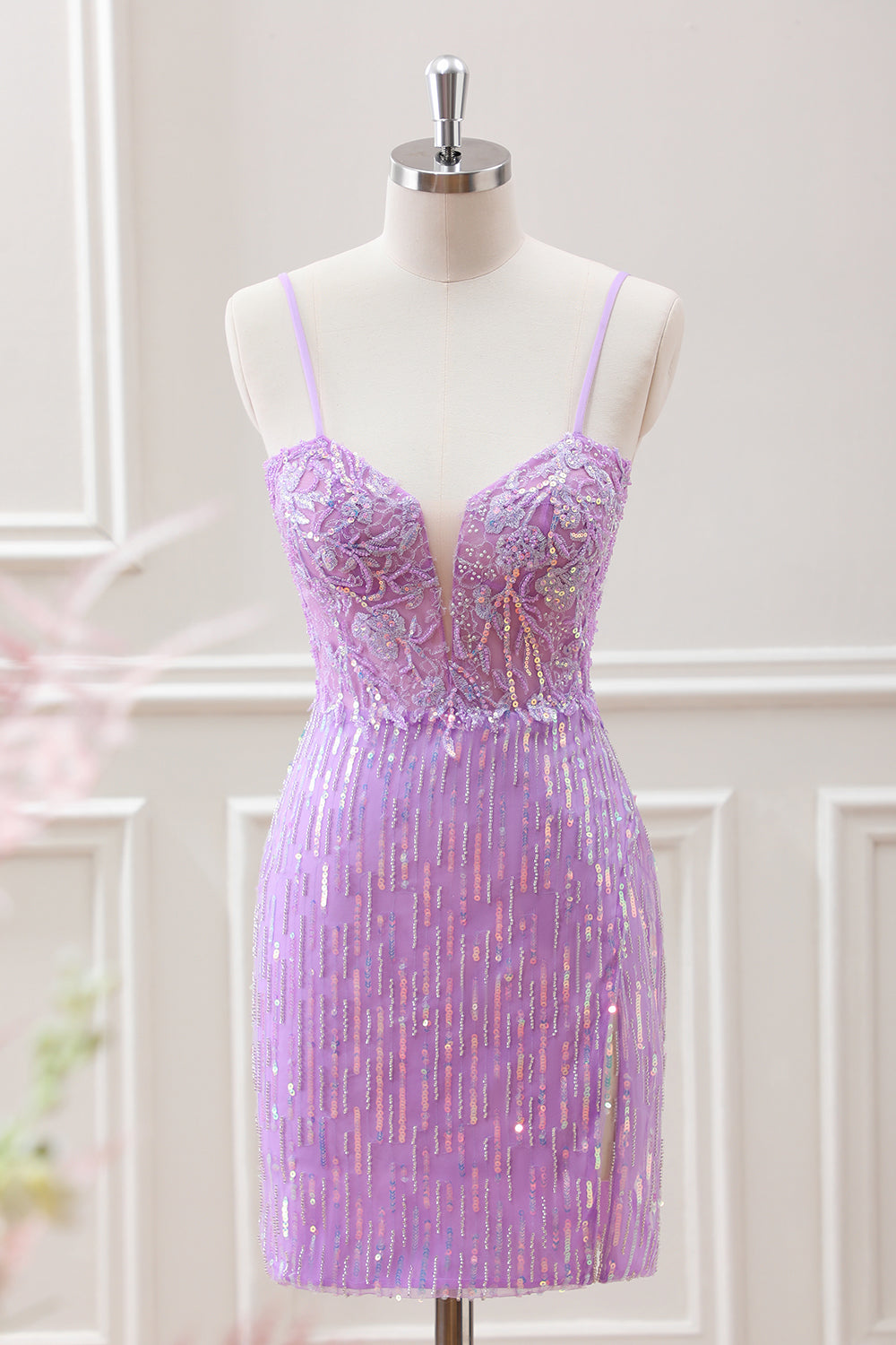 Sparkly Lilac Sequins Beaded Bodycon Mini Dress with Appliques - Image 1