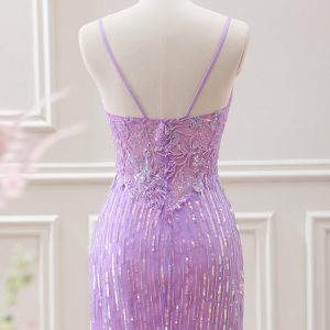 Sparkly Lilac Sequins Beaded Bodycon Mini Dress with Appliques - Image 2
