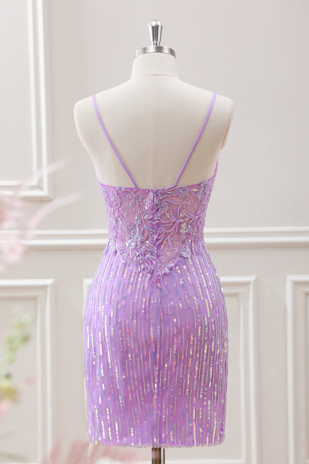 Sparkly Lilac Sequins Beaded Bodycon Mini Dress with Appliques - Image 2