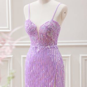 Sparkly Lilac Sequins Beaded Bodycon Mini Dress with Appliques - Image 3