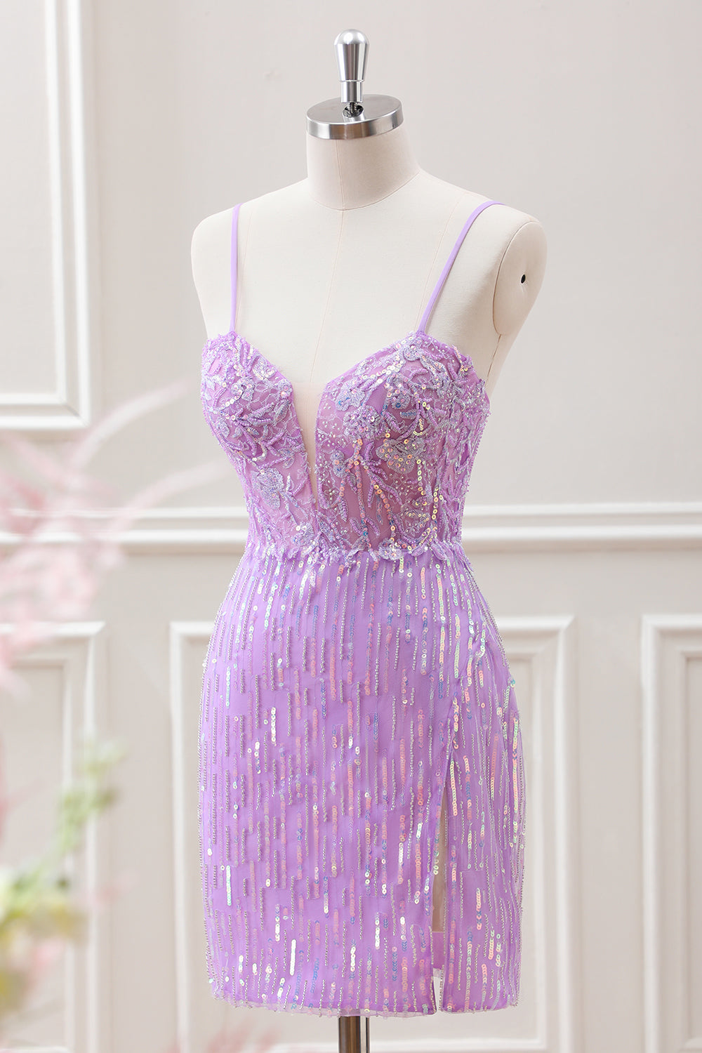 Sparkly Lilac Sequins Beaded Bodycon Mini Dress with Appliques - Image 3