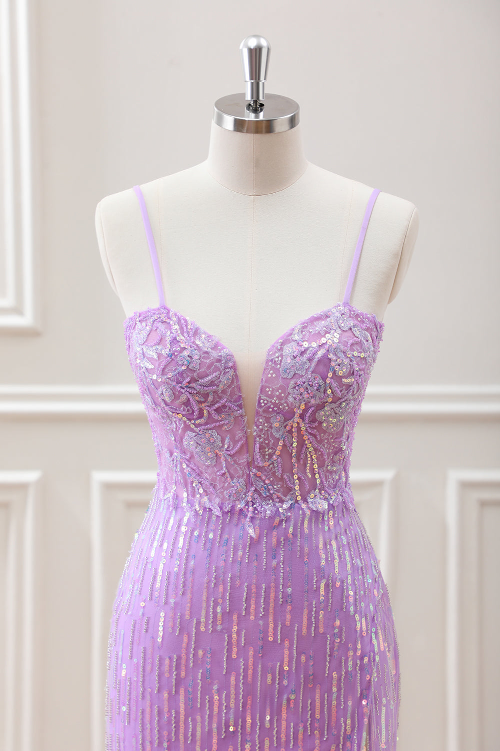 Sparkly Lilac Sequins Beaded Bodycon Mini Dress with Appliques - Image 4