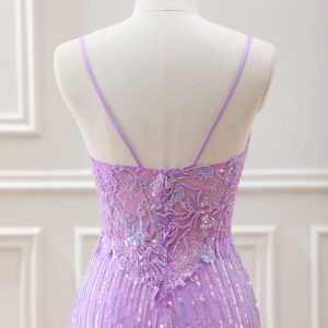 Sparkly Lilac Sequins Beaded Bodycon Mini Dress with Appliques - Image 5