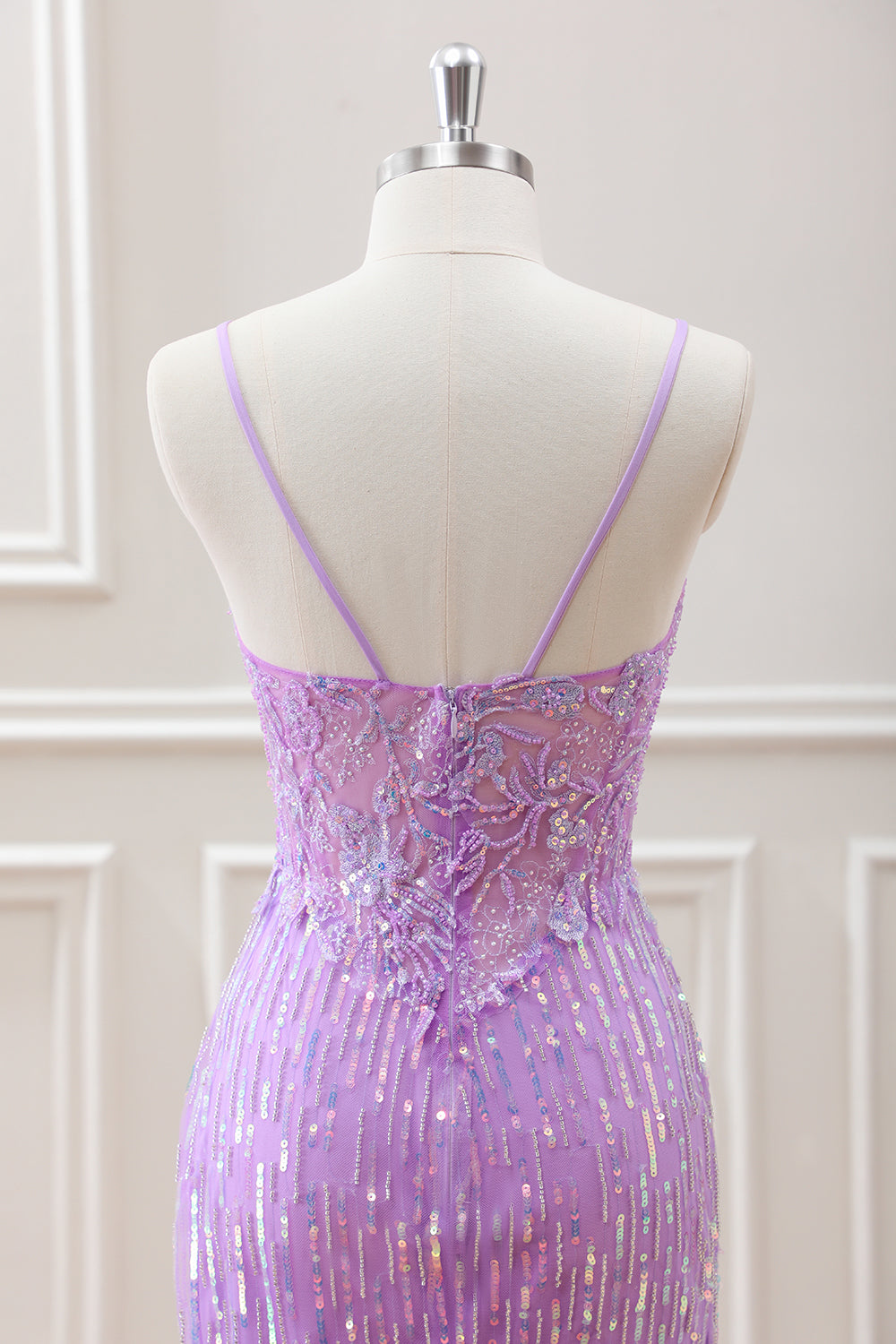 Sparkly Lilac Sequins Beaded Bodycon Mini Dress with Appliques - Image 5