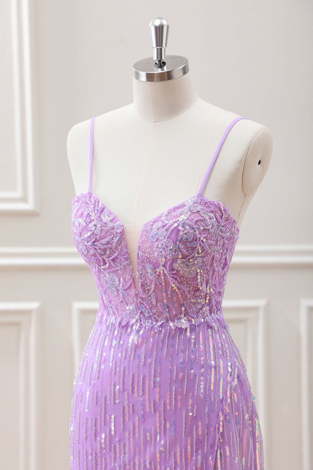 Sparkly Lilac Sequins Beaded Bodycon Mini Dress with Appliques - Image 6