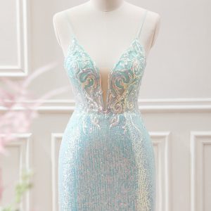 Sparkly Light Green Spaghetti Straps Beaded Sequined Slit Mini Dress - Image 1