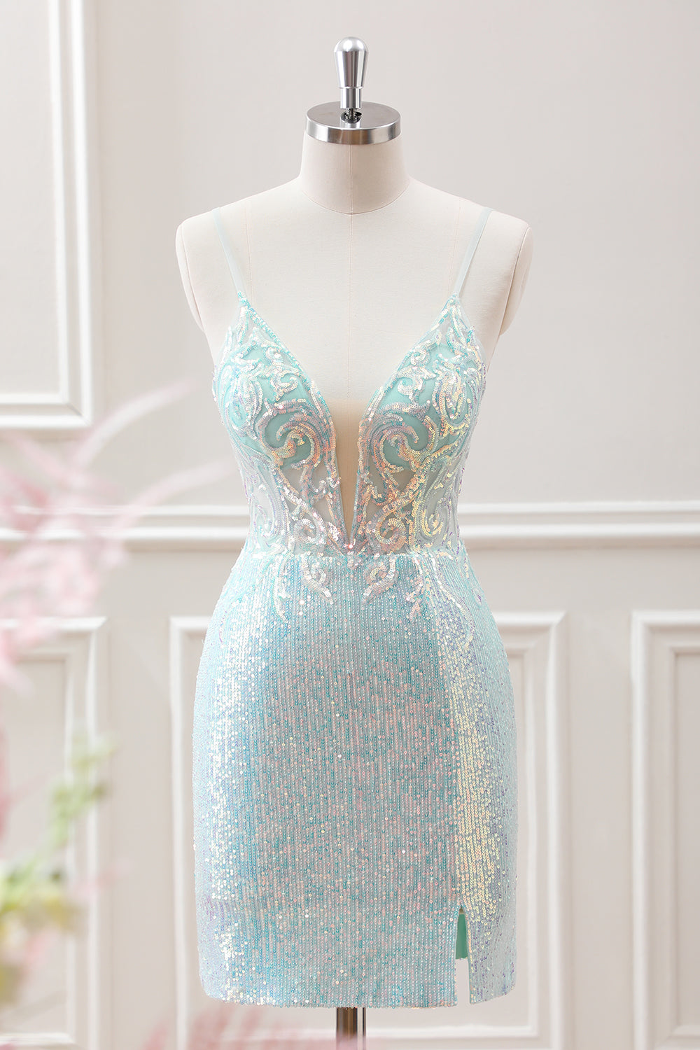 Sparkly Light Green Spaghetti Straps Beaded Sequined Slit Mini Dress - Image 1