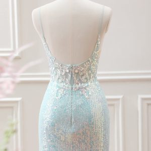 Sparkly Light Green Spaghetti Straps Beaded Sequined Slit Mini Dress - Image 2