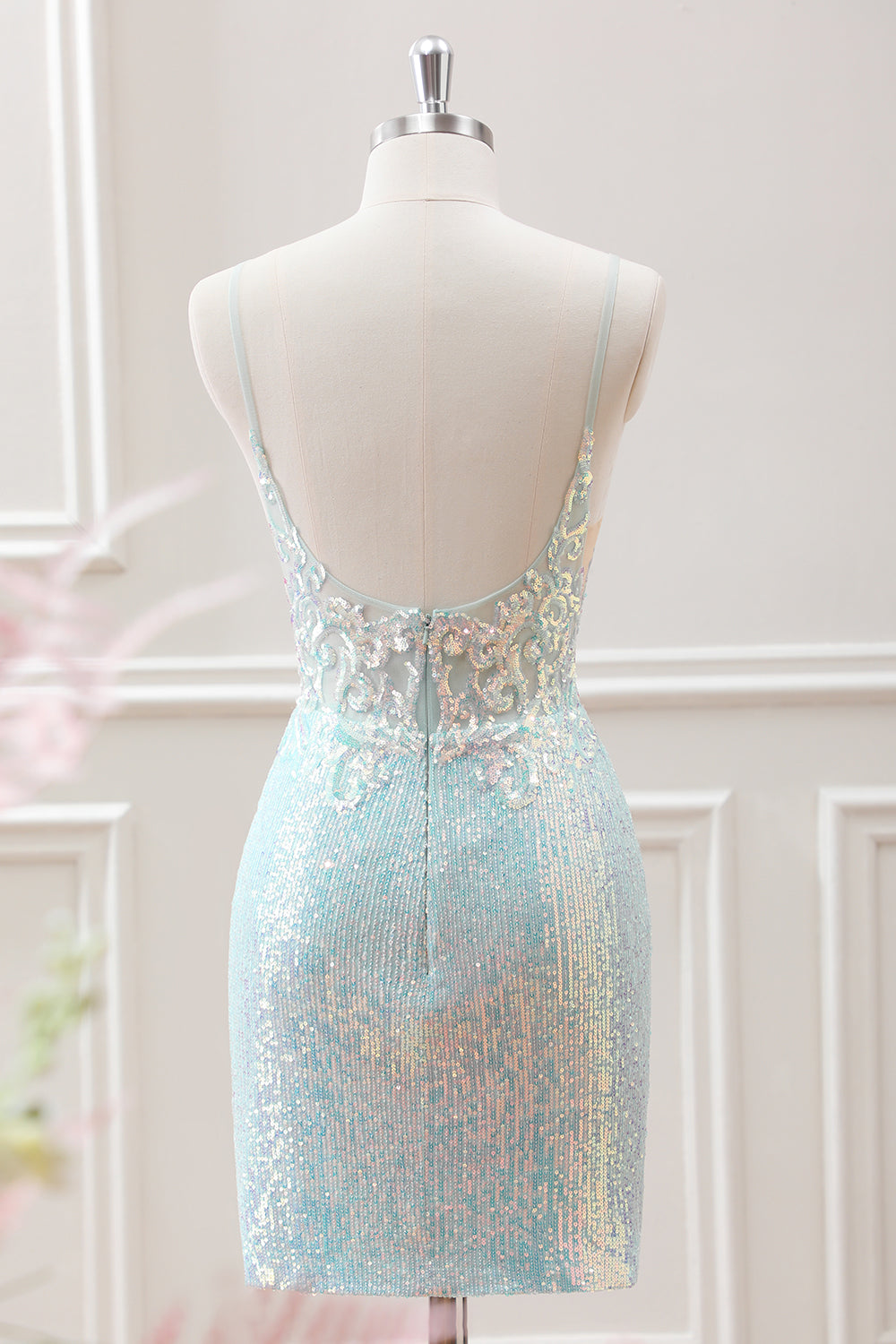 Sparkly Light Green Spaghetti Straps Beaded Sequined Slit Mini Dress - Image 2