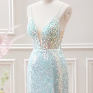 Sparkly Light Green Spaghetti Straps Beaded Sequined Slit Mini Dress - Image 3