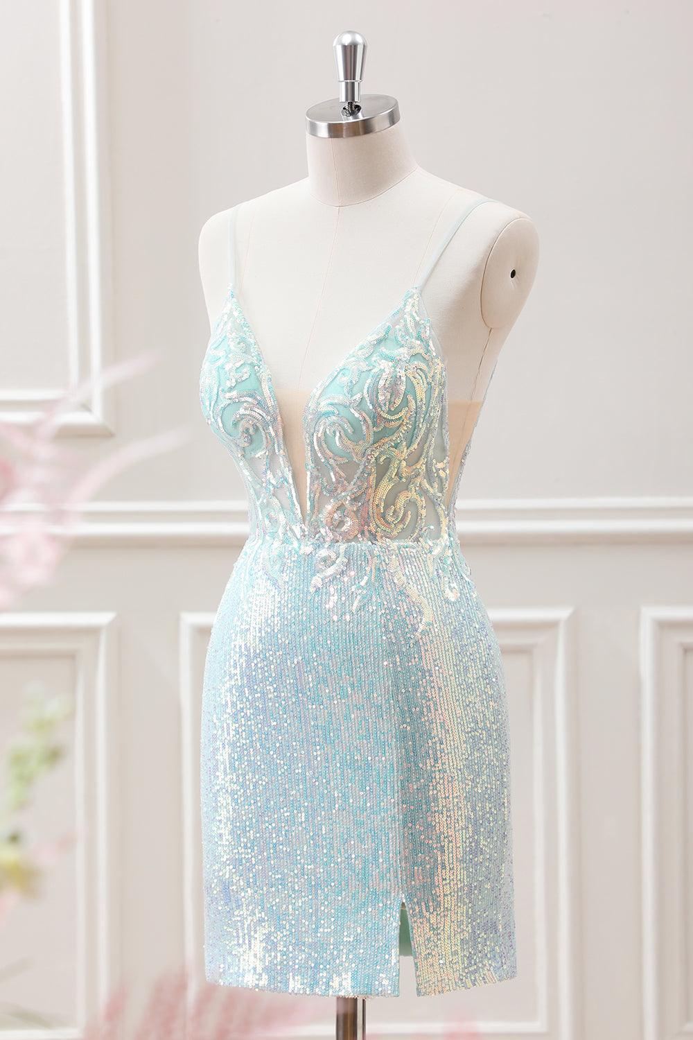 Sparkly Light Green Spaghetti Straps Beaded Sequined Slit Mini Dress - Image 3
