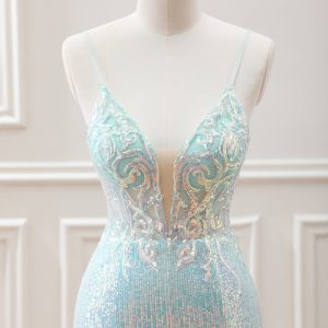 Sparkly Light Green Spaghetti Straps Beaded Sequined Slit Mini Dress - Image 4