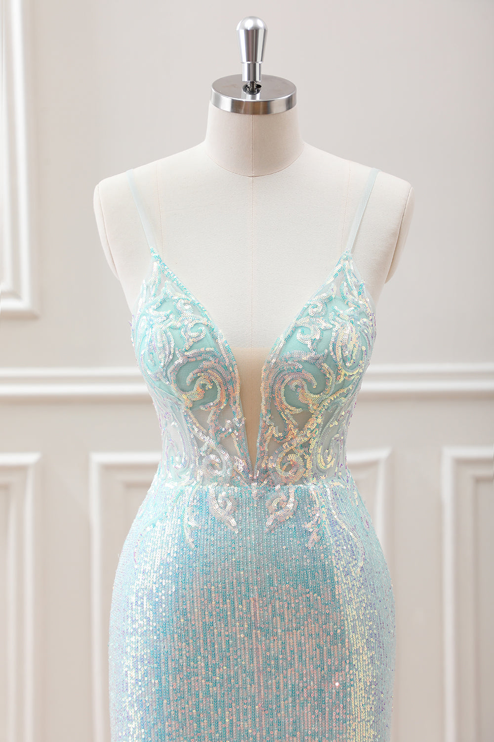 Sparkly Light Green Spaghetti Straps Beaded Sequined Slit Mini Dress - Image 4