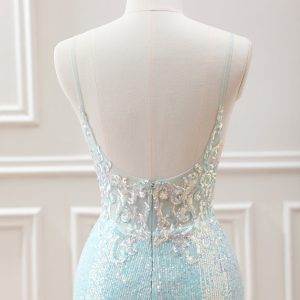 Sparkly Light Green Spaghetti Straps Beaded Sequined Slit Mini Dress - Image 5