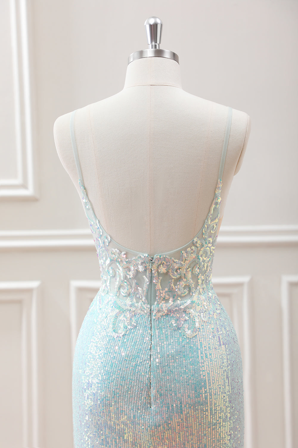 Sparkly Light Green Spaghetti Straps Beaded Sequined Slit Mini Dress - Image 5