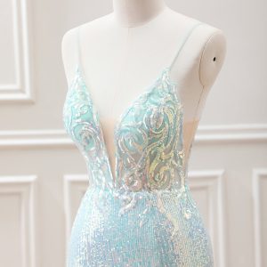 Sparkly Light Green Spaghetti Straps Beaded Sequined Slit Mini Dress - Image 6