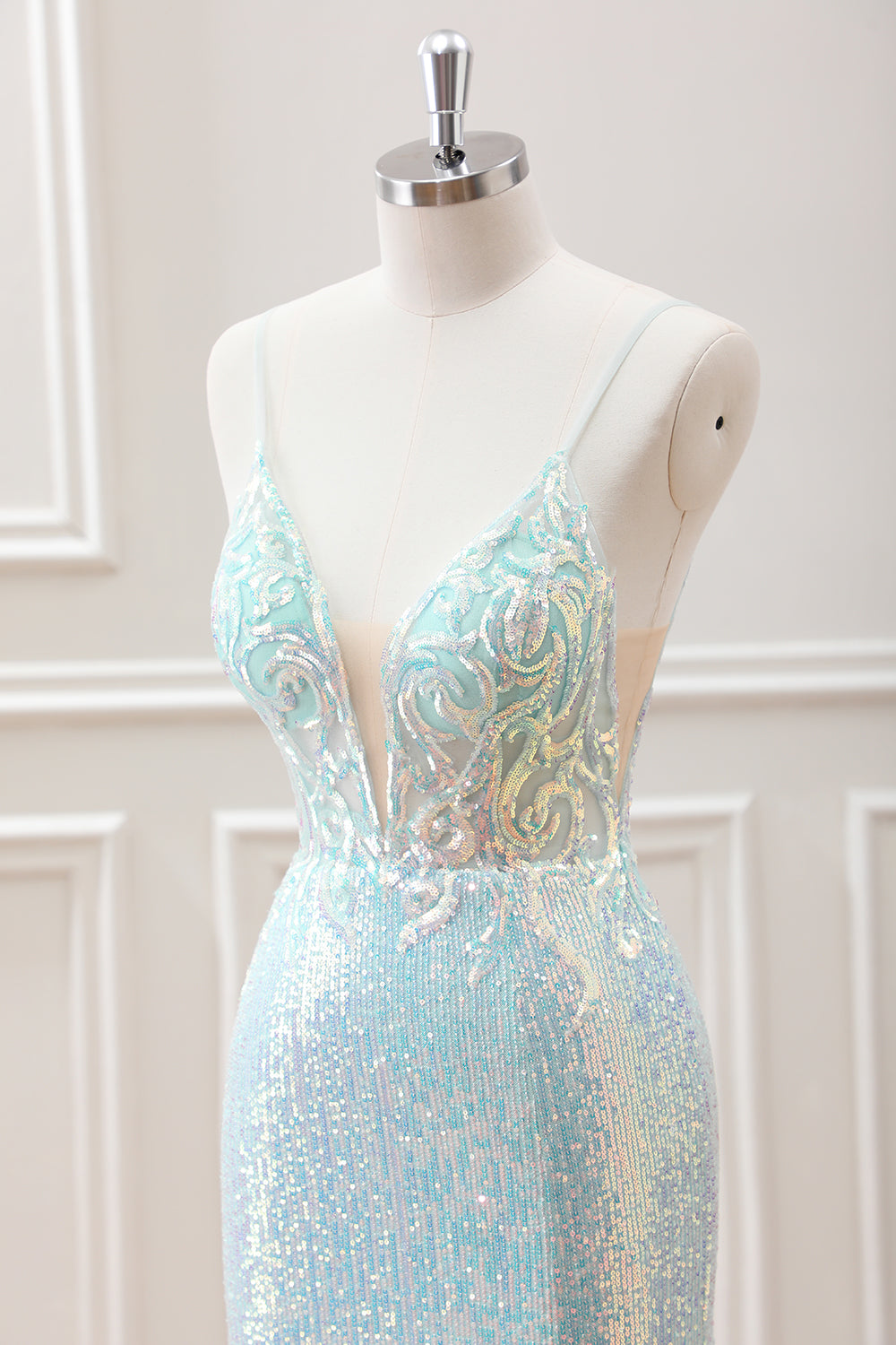 Sparkly Light Green Spaghetti Straps Beaded Sequined Slit Mini Dress - Image 6
