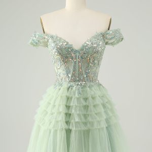 Sparkly Light Green A Line Off The Shoulder Corset Tulle Mini Dress - Image 1