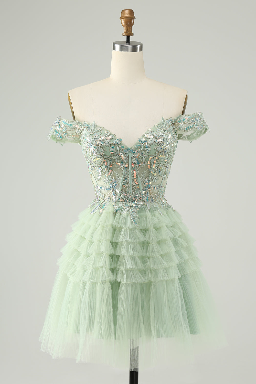Sparkly Light Green A Line Off The Shoulder Corset Tulle Mini Dress - Image 1