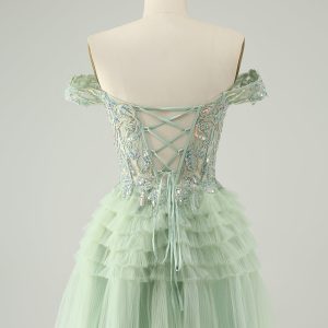 Sparkly Light Green A Line Off The Shoulder Corset Tulle Mini Dress - Image 2