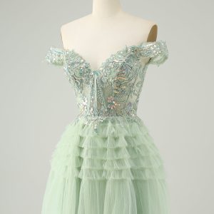 Sparkly Light Green A Line Off The Shoulder Corset Tulle Mini Dress - Image 3