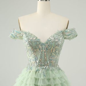 Sparkly Light Green A Line Off The Shoulder Corset Tulle Mini Dress - Image 4
