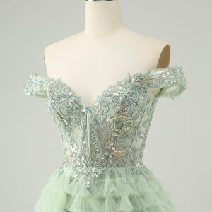 Sparkly Light Green A Line Off The Shoulder Corset Tulle Mini Dress - Image 6