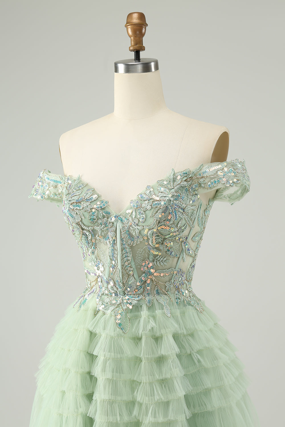 Sparkly Light Green A Line Off The Shoulder Corset Tulle Mini Dress - Image 6