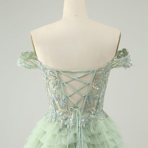 Sparkly Light Green A Line Off The Shoulder Corset Tulle Mini Dress - Image 5