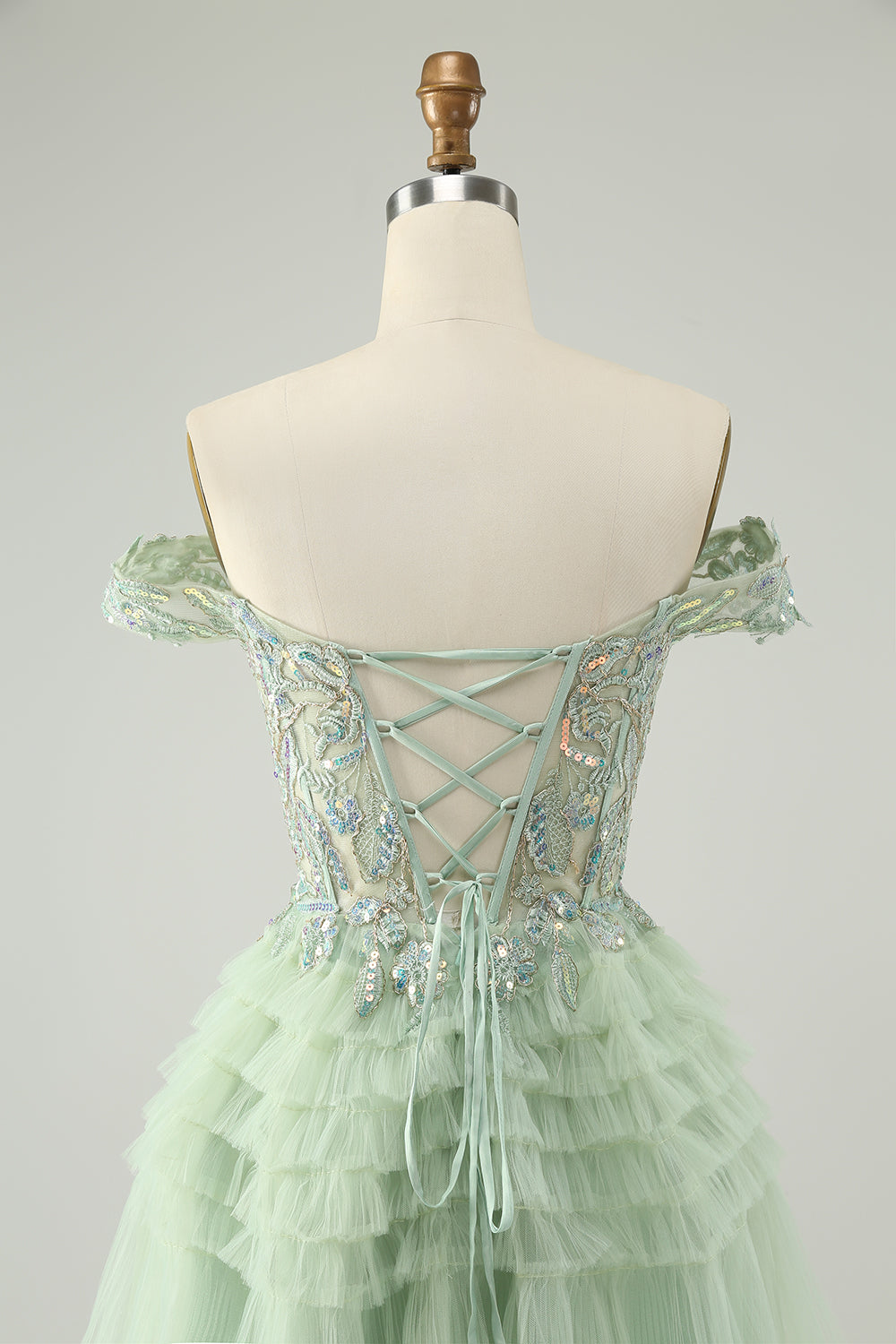 Sparkly Light Green A Line Off The Shoulder Corset Tulle Mini Dress - Image 5