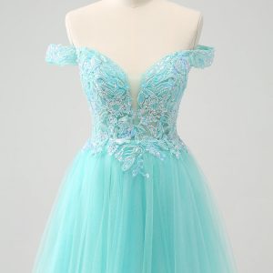 Sparkly Light Blue A Line Off The Shoulder Mini Dress - Image 1