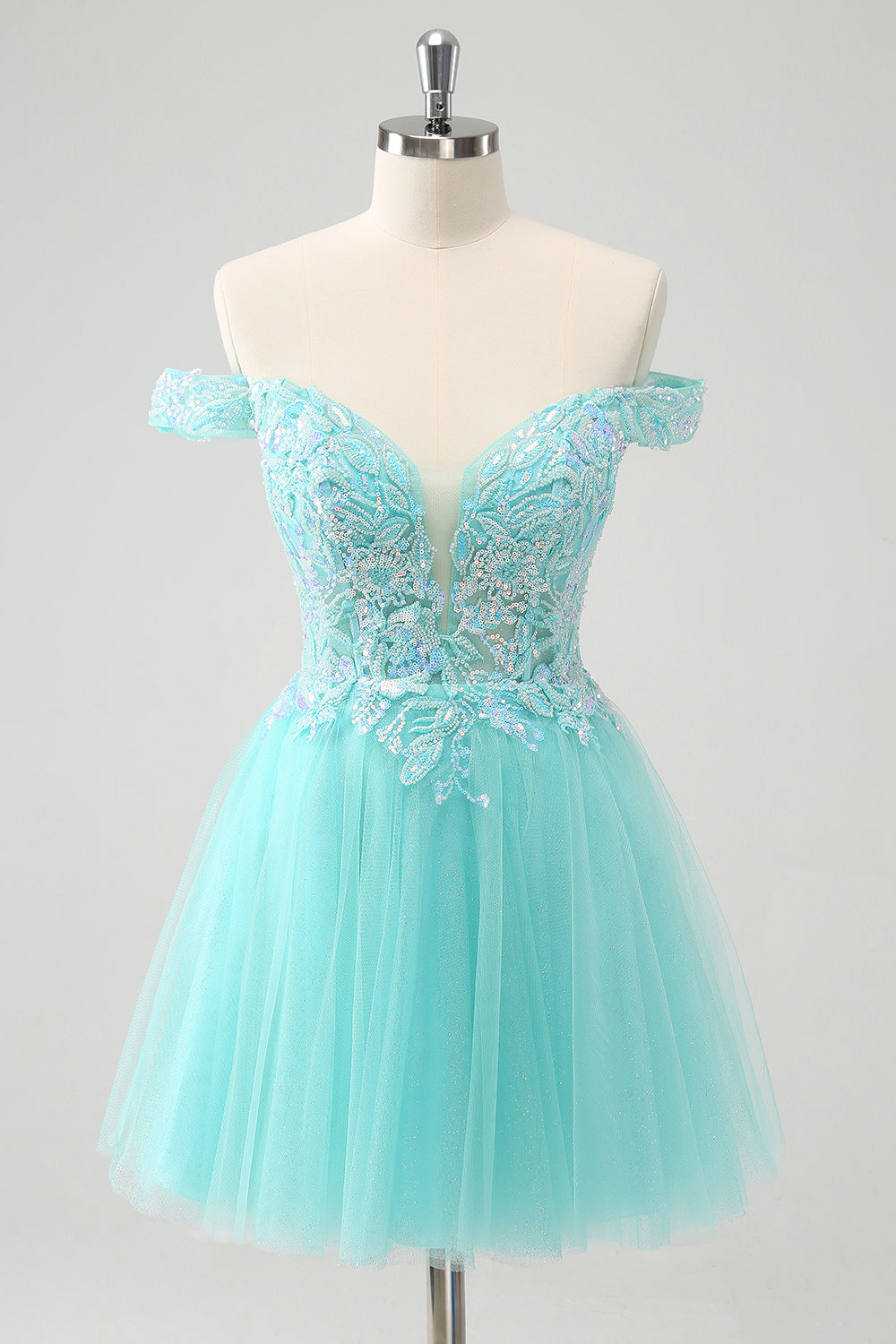Sparkly Light Blue A Line Off The Shoulder Mini Dress - Image 1
