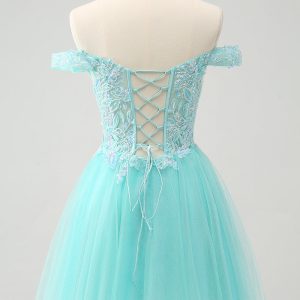Sparkly Light Blue A Line Off The Shoulder Mini Dress - Image 2